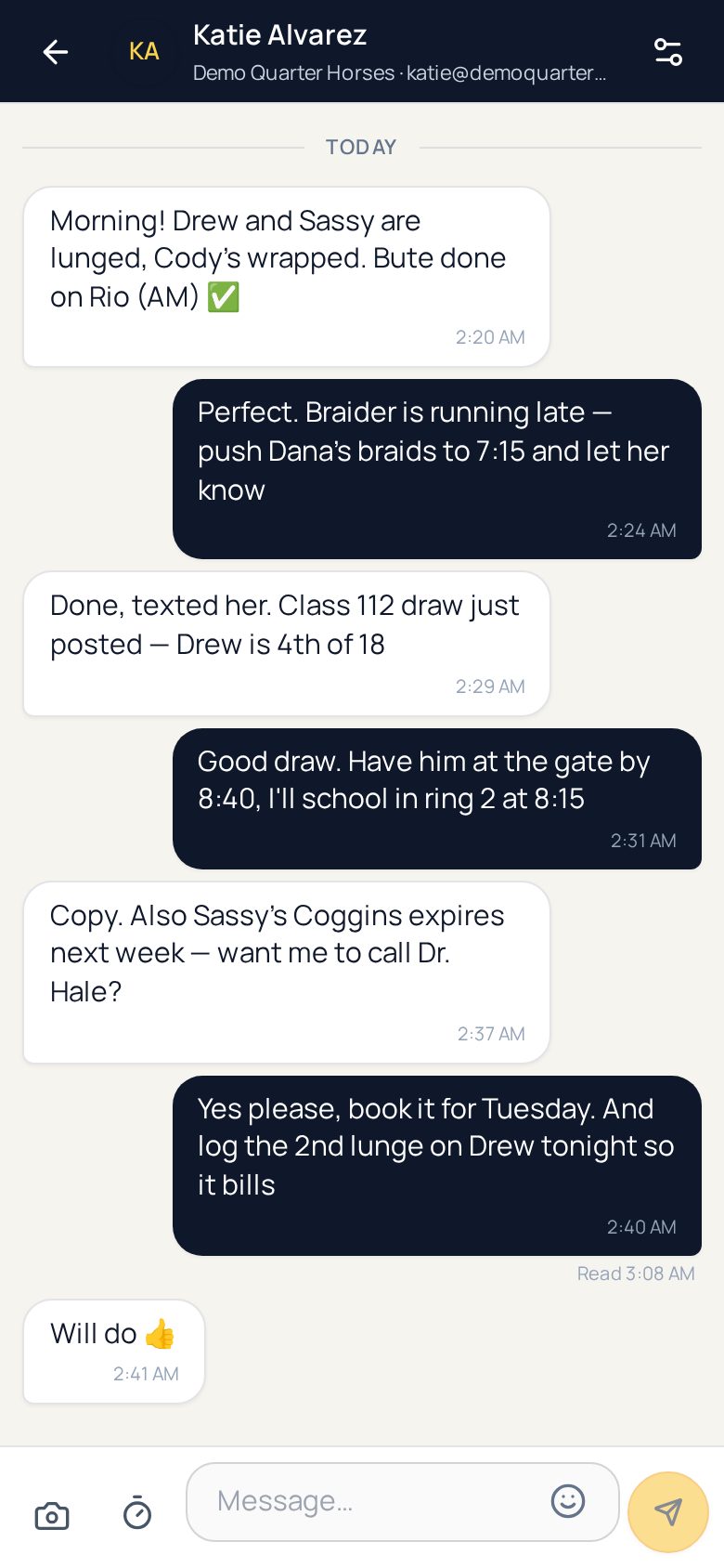 Kingly private messaging between a trainer and assistant